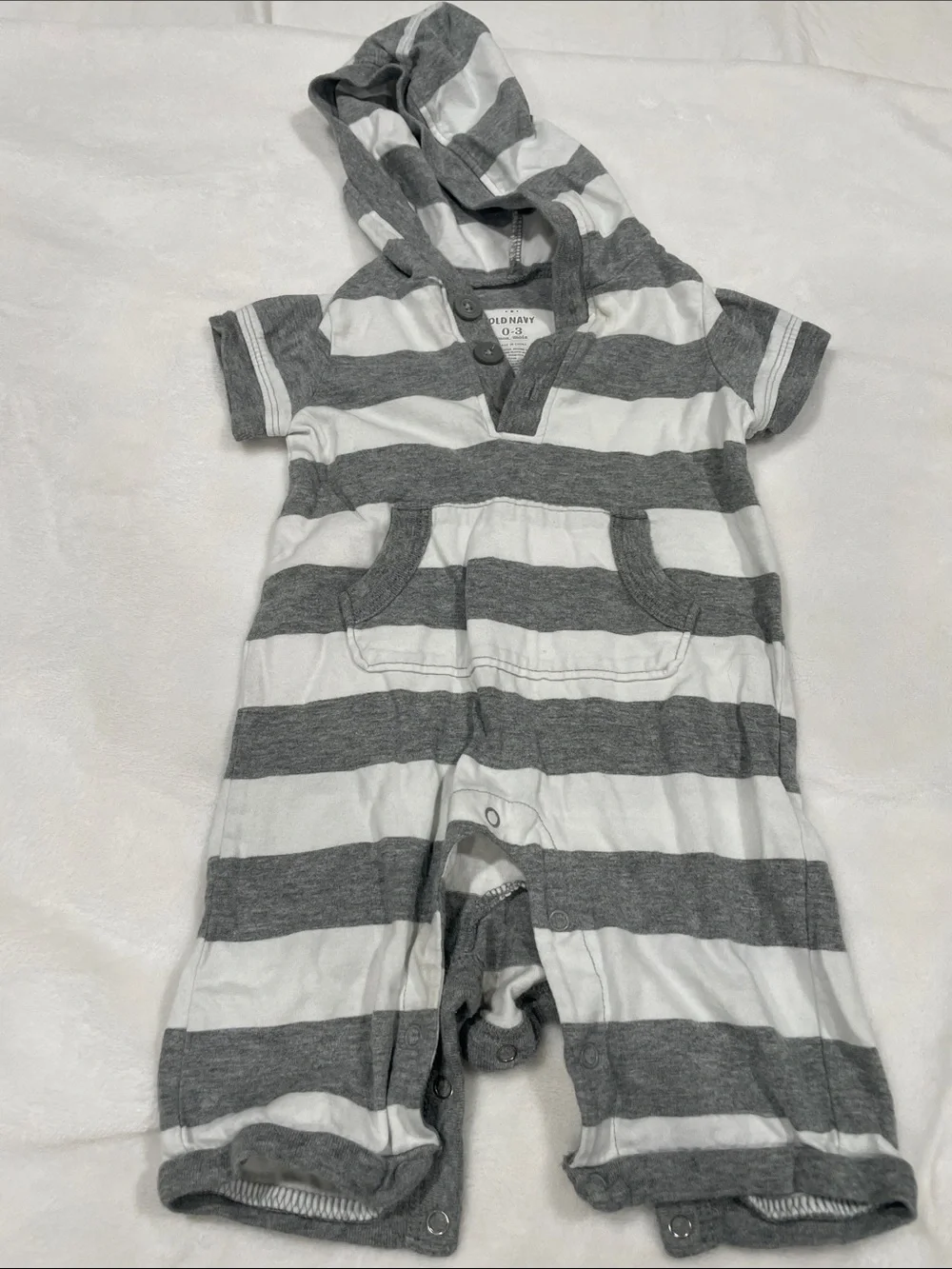 Old Navy Gray and White Striped Hooded One-Piece Romper